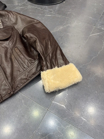 Womens waxed leather down aviator bomber jacket