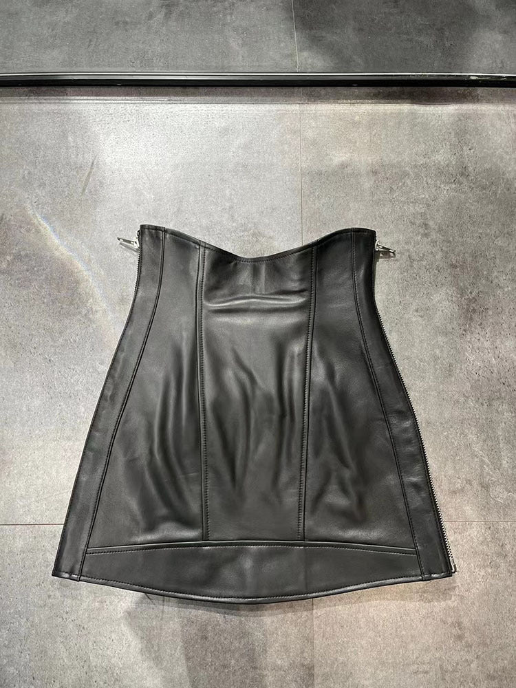 Leather Mini Skirt Black High Waisted Zip Front