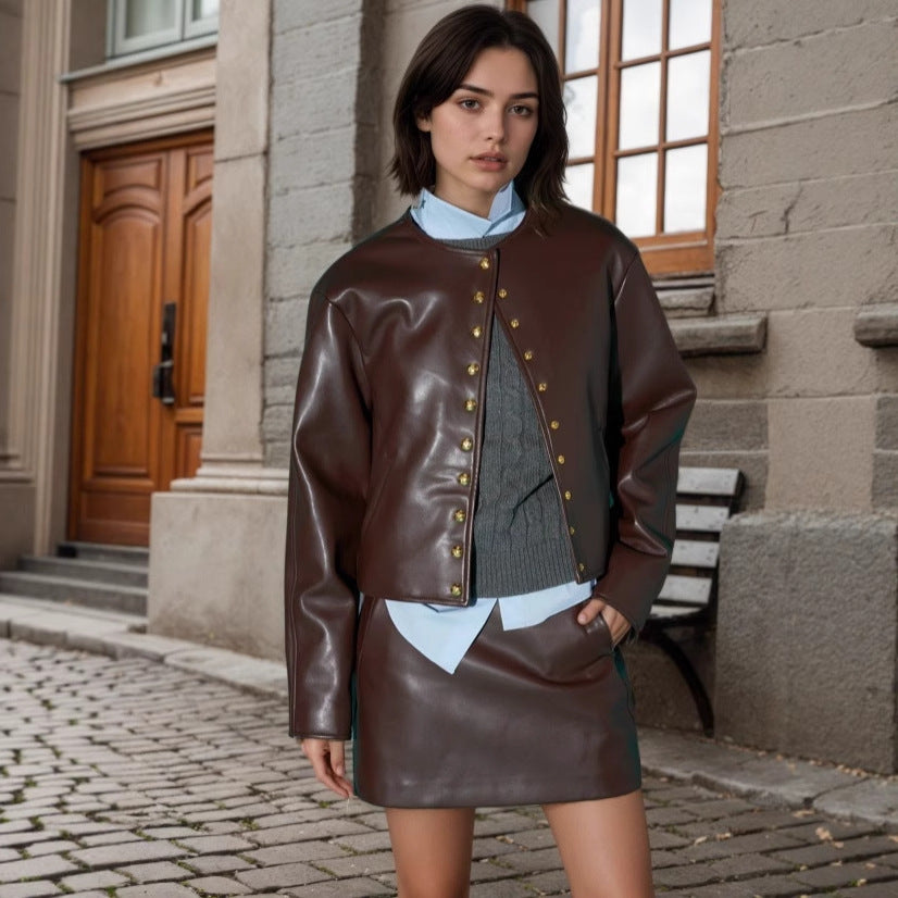 Brown Faux Leather Jacket for Women with Gold Buttons