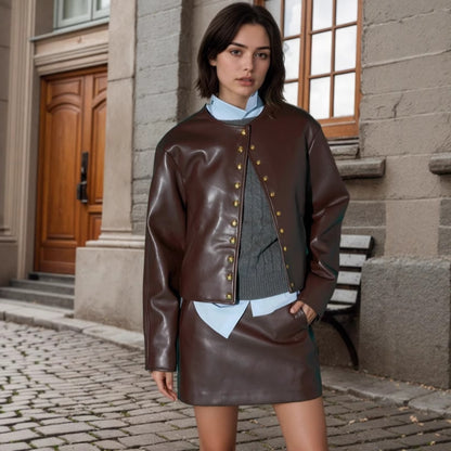 Brown Faux Leather Jacket for Women with Gold Buttons