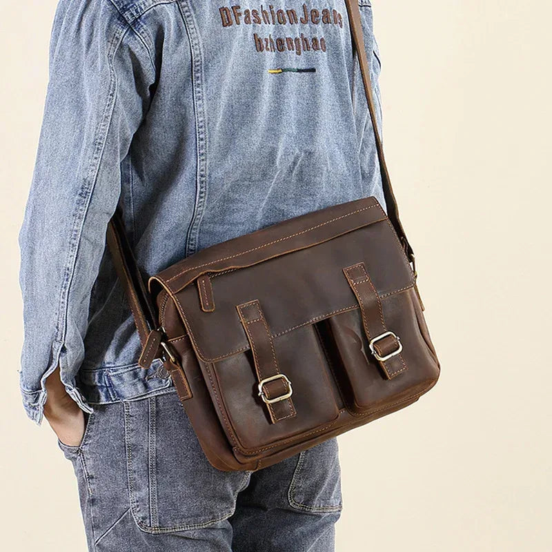 mens leather shoulder messenger bags for men Dark Brown