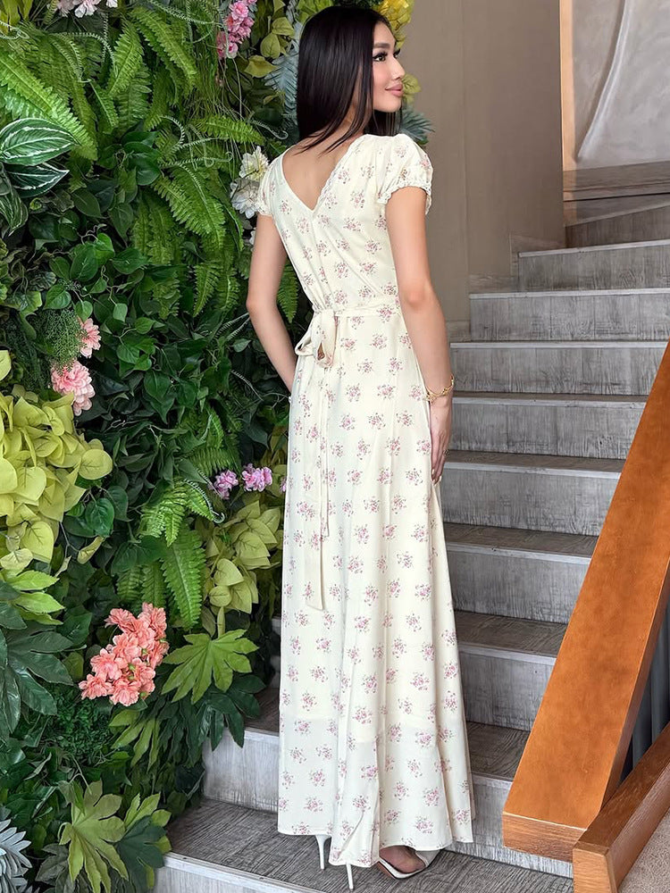 French floral v neck puff sleeve maxi dress