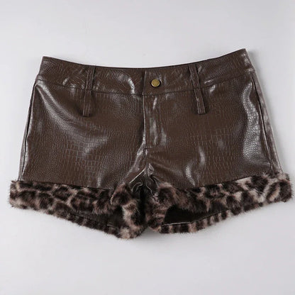Y2K faux leather leopard fur trim mini shorts