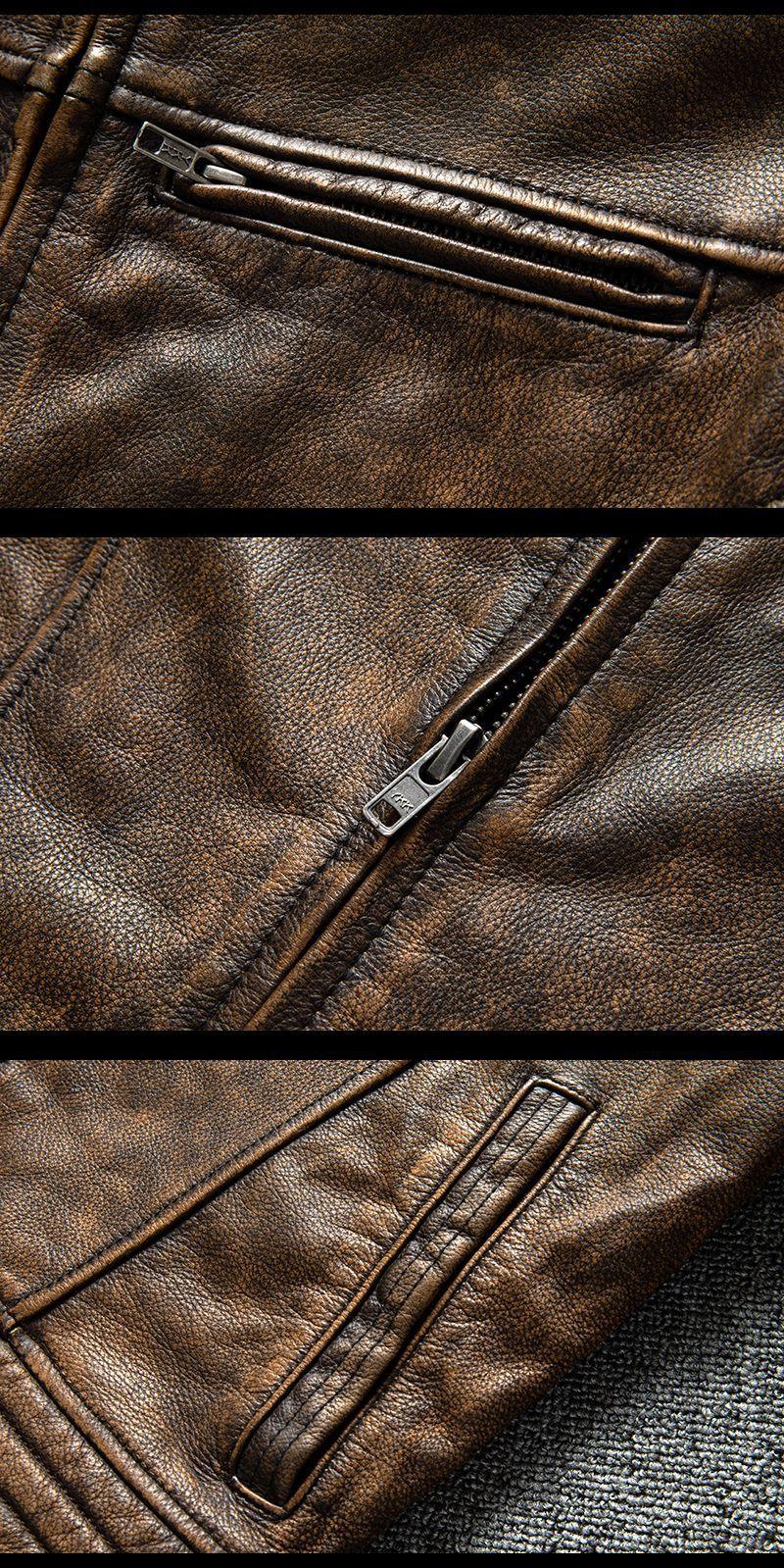 Men’s Vintage Distressed Biker Leather Jacket Slim Fit