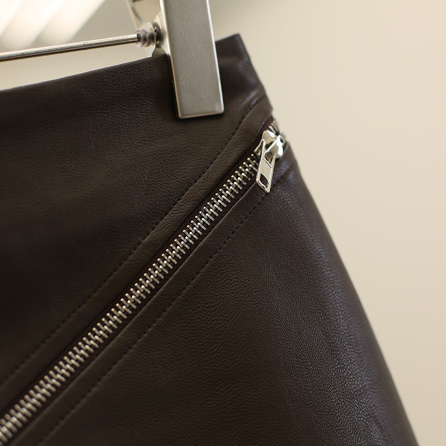 Leather Mini Skirt with Asymmetrical Front Zipper