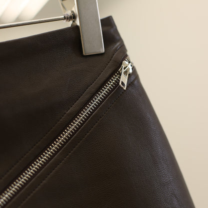 Leather Mini Skirt with Asymmetrical Front Zipper