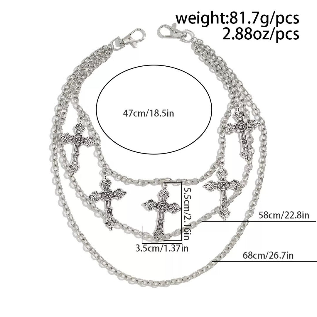 Layered Silver Cross Pants Chain with Gothic Pendants