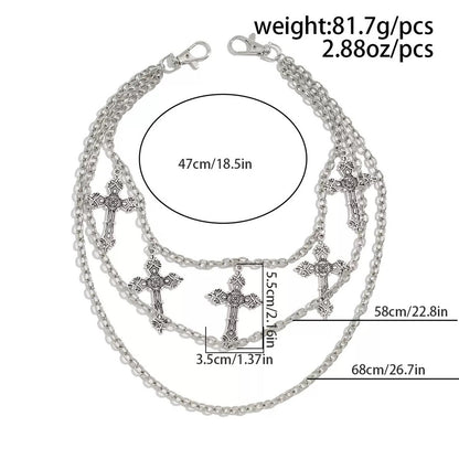 Layered Silver Cross Pants Chain with Gothic Pendants
