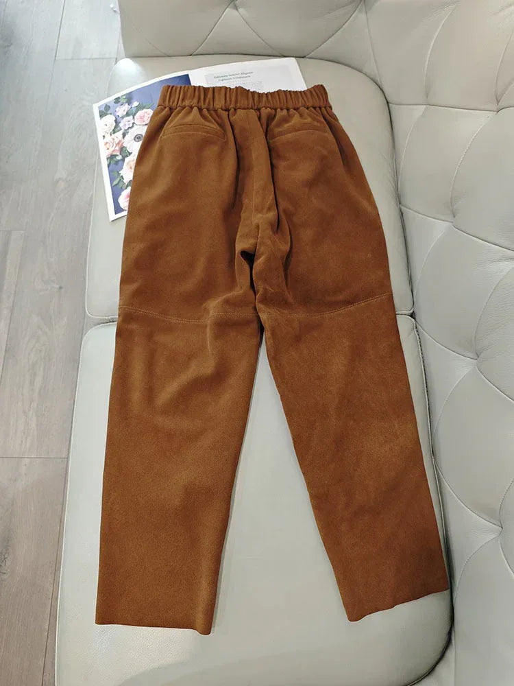Women Suede Harem Pants High Rise Sheepskin Trousers