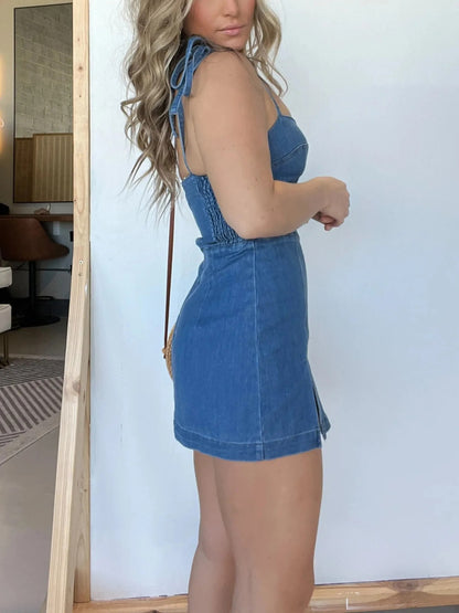 Slim Slit Suspender Denim Dress for Women