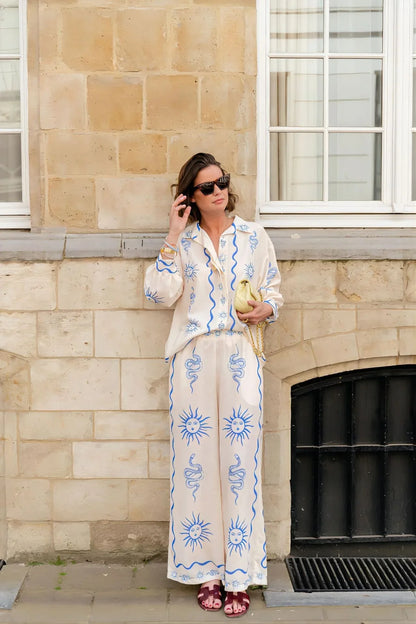 Macaron print linen coastal two piece outfit