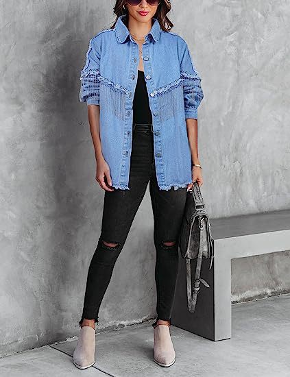 Women Denim Jacket with Chain Rivet Fringe
