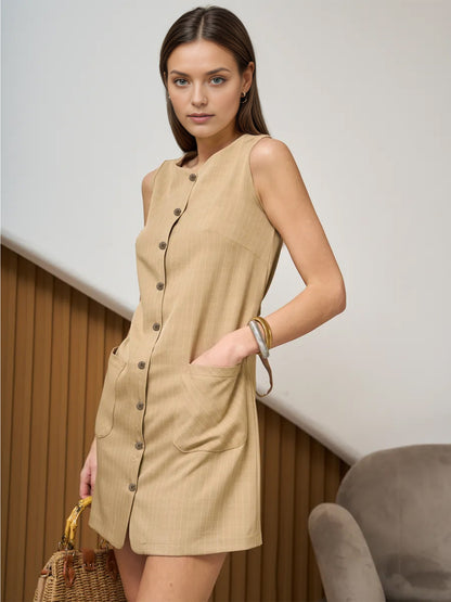 Sleeveless Button Front Summer Mini Dress with Waist Tie