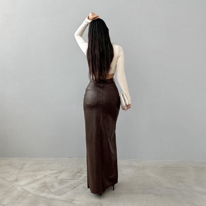 High Waist Leather Slit Straight Skirt