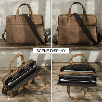 Men Leather Office Briefcase with Trolley Sleeve