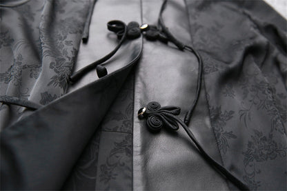 Leather Top for Women with Jacquard Sleeves and Mandarin Collar