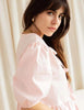 Women Puff Sleeve Bow Button Top Vintage Ruffle Hem Summer Blouse