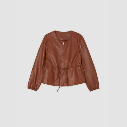 Brown Faux Leather Jacket for Women with Drawstring Waist