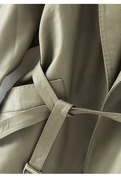 Women Leather Jacket Lychee Grain Belted Short Coat