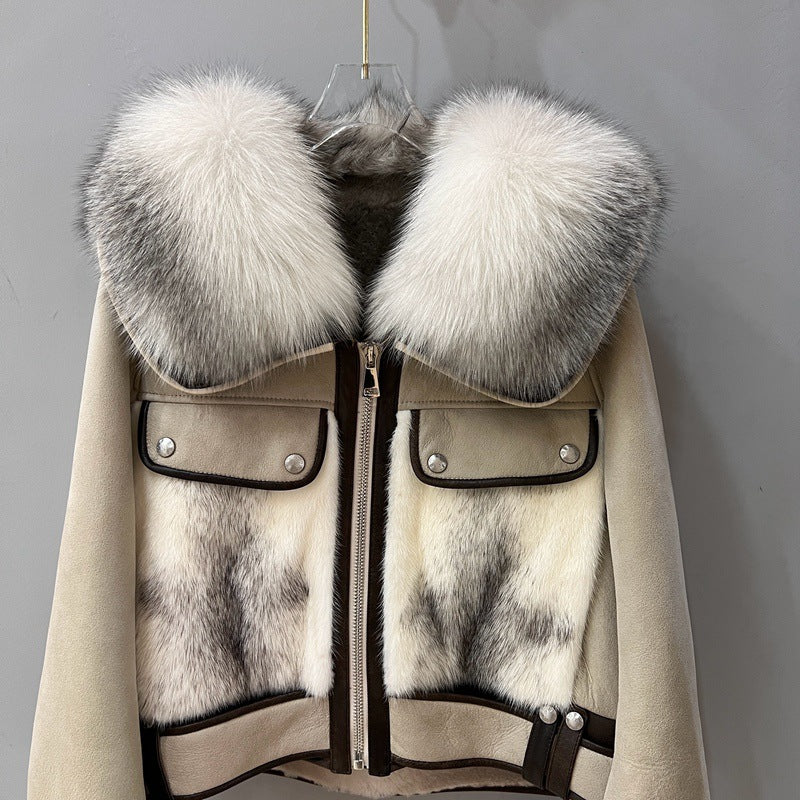 Women Real Fur Bomber Jacket Genuine Sheepskin with Fox Fur Collar
