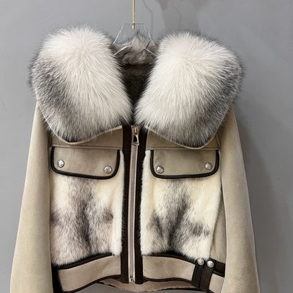 Women Real Fur Bomber Jacket Genuine Sheepskin with Fox Fur Collar