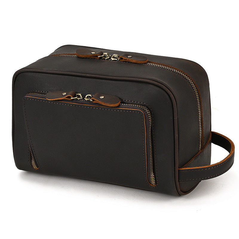 Men’s Genuine Leather Toiletry Bag with Front Zipper Pocket