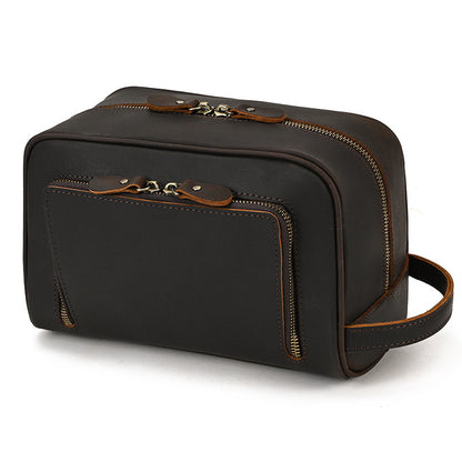 Men’s Genuine Leather Toiletry Bag with Front Zipper Pocket
