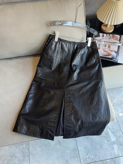 New waxed cowhide slit midi skirt
