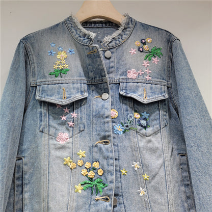 Women’s Embroidered Floral Sequin Denim Jacket Short Fit