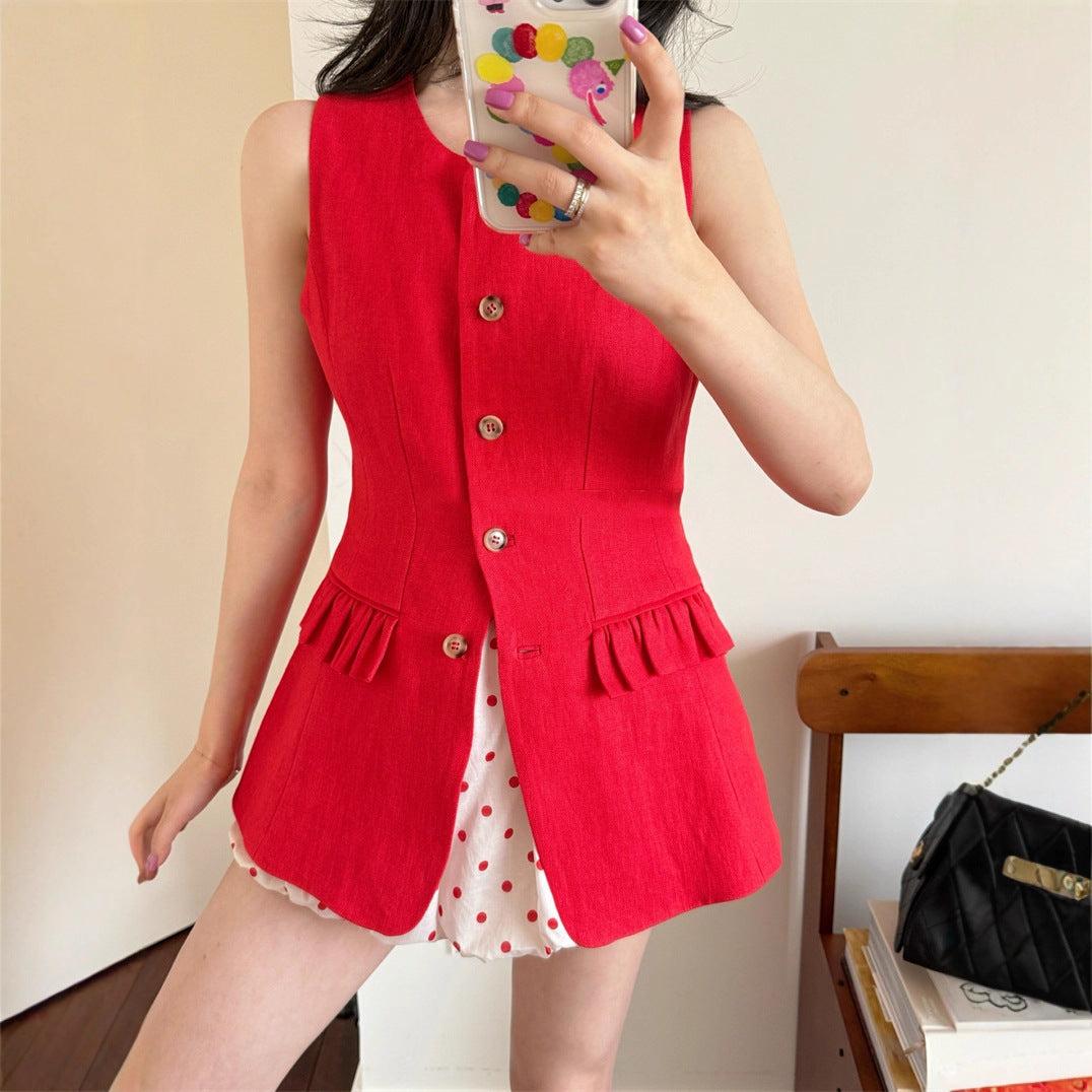 Linen womens sleeveless button up vest