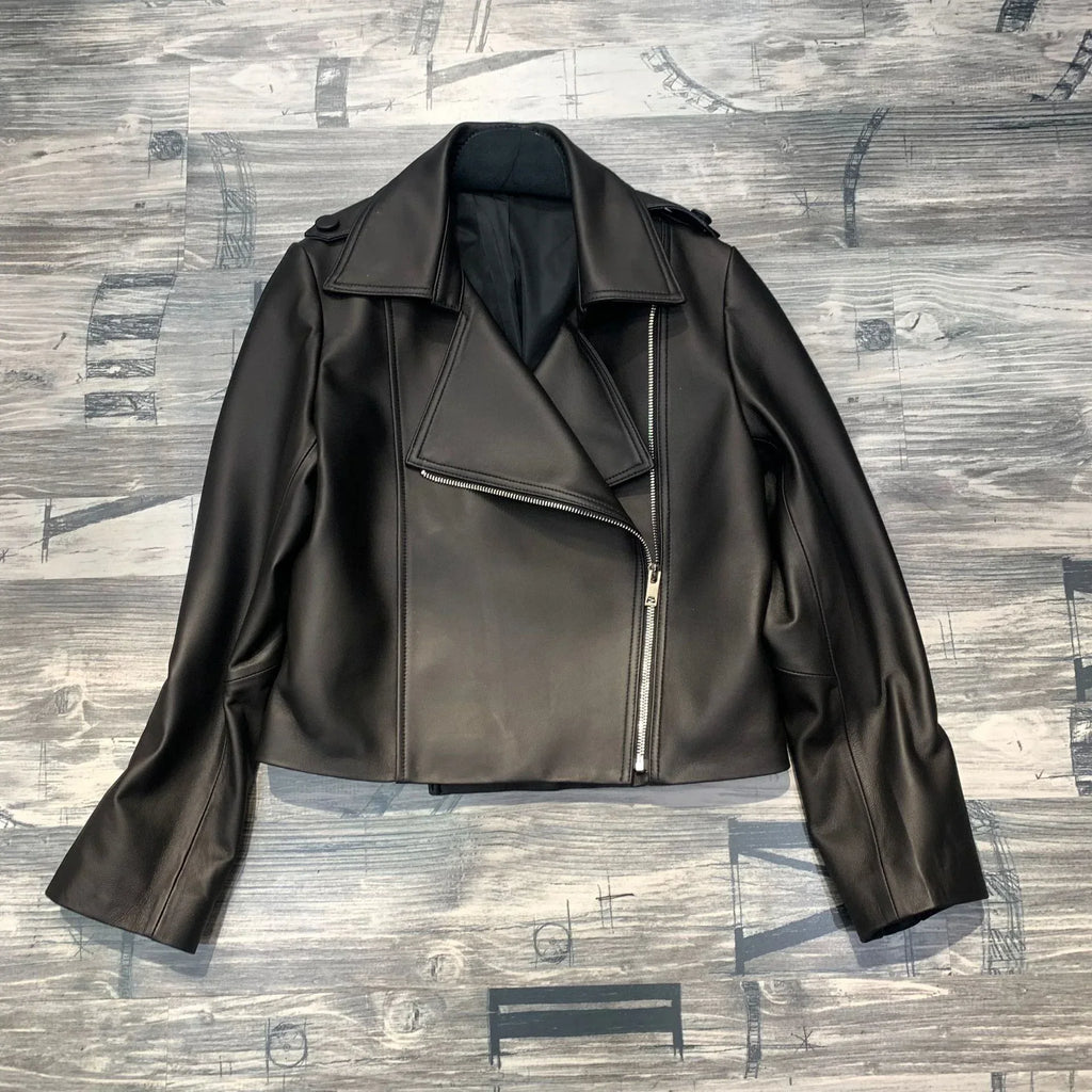 Women Genuine Sheepskin Leather Slim Moto Jacket 1 S