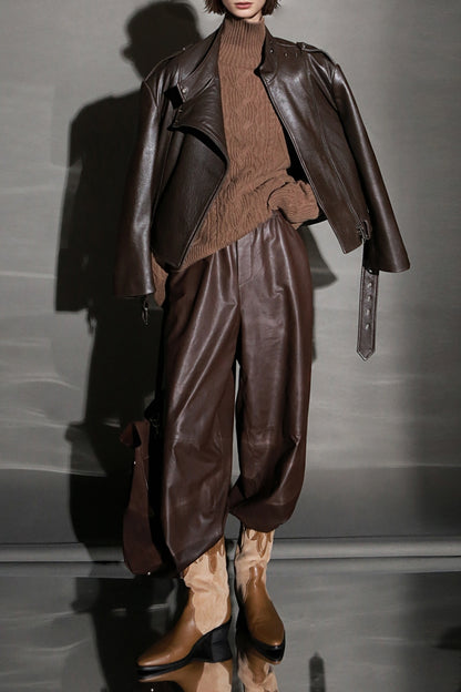 Women Genuine Leather High Waisted Wide Leg Pants