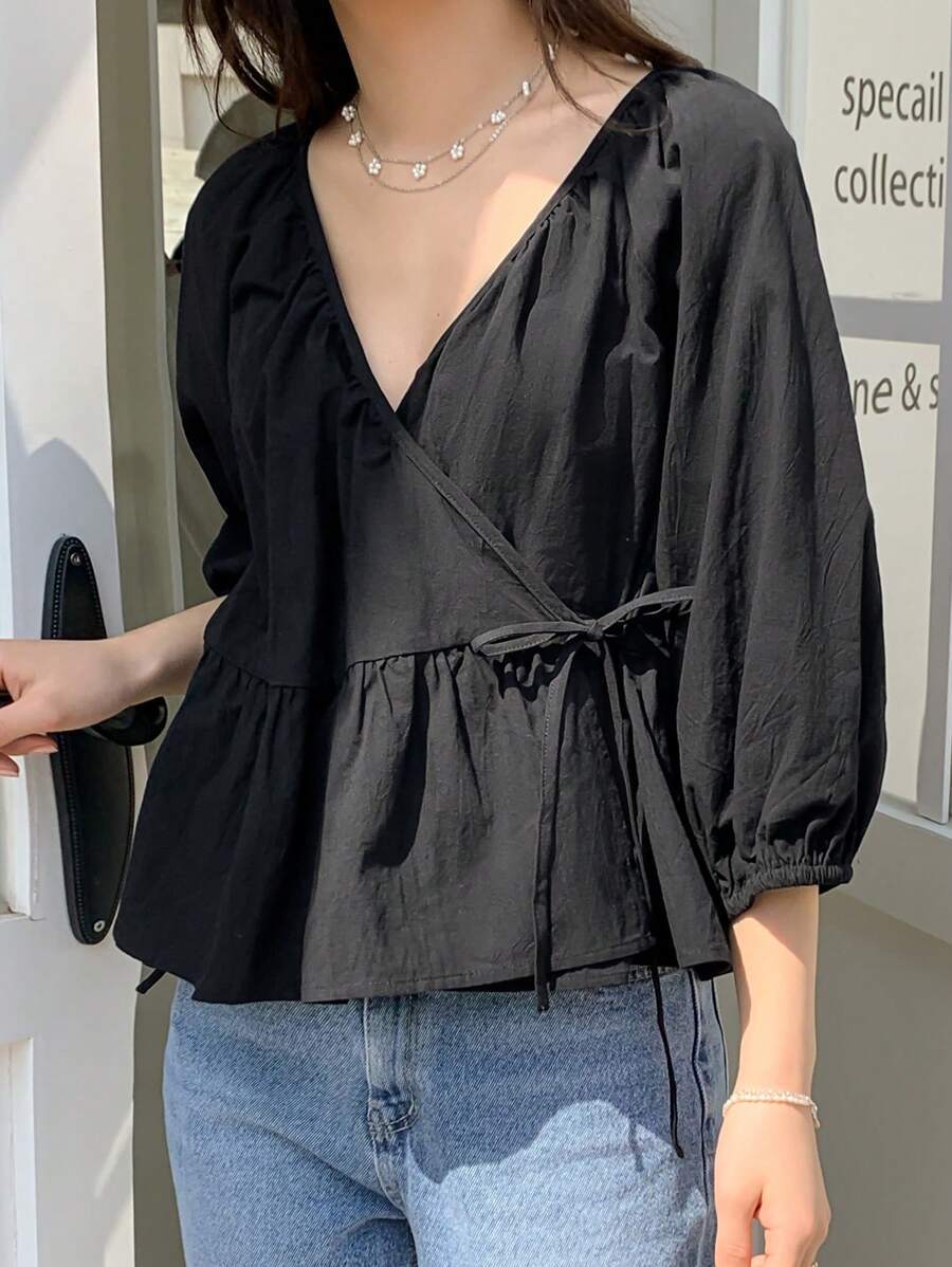 Tie Side Bishop Sleeve Wrap Peplum Blouse Shirt