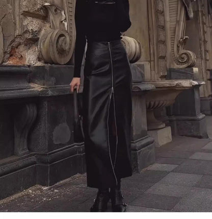 Black Leather Pencil Skirt with High Slit