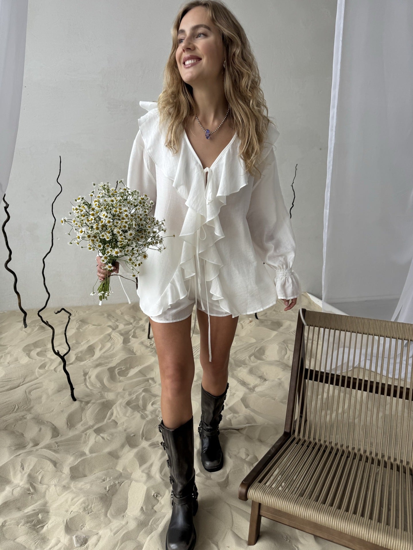 Ruffled Lace-Up Top and Shorts Set for Women Two-Piece Outfit