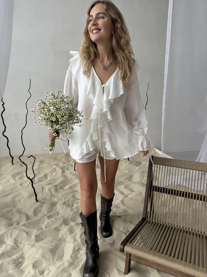 Ruffled Lace-Up Top and Shorts Set for Women Two-Piece Outfit