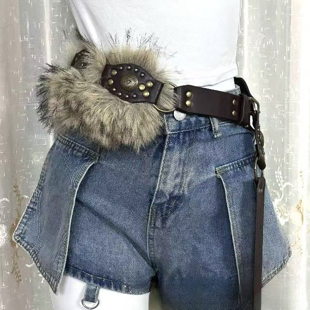 Women fur belt punk waist accessory with studded buckle 2