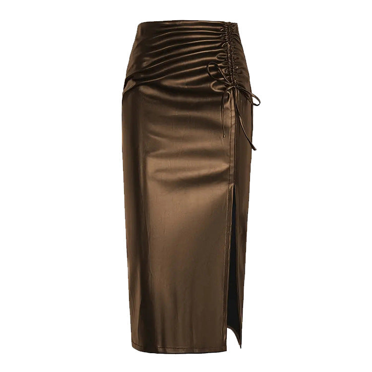 Brown Faux Leather Midi Skirt With Slit High Waist