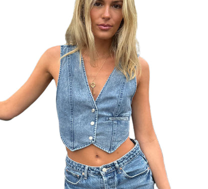 Women's Denim Vest Top With Front Buttons