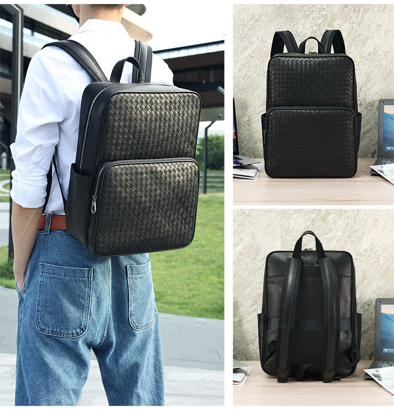 Men Leather Business Backpack With Trolley Sleeve