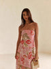 Pink floral strapless linen maxi dress