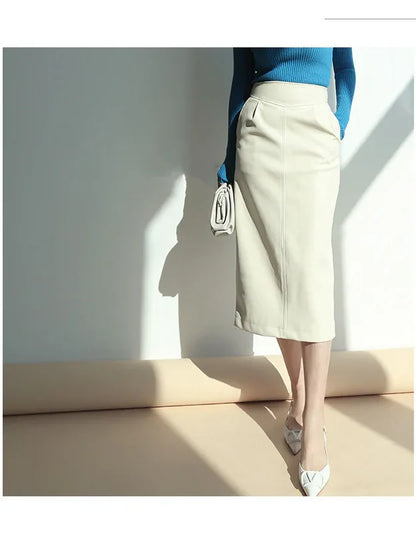 Brown sheepskin mid length bodycon leather skirt with slit