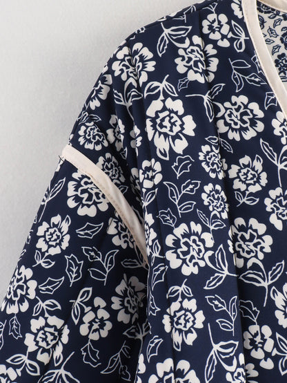 Women Floral Quilted Cotton Jacket Navy White