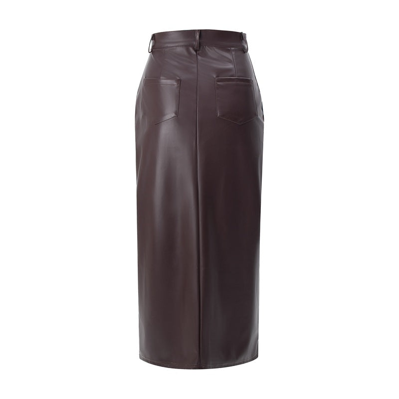 High Waist Leather Slit Straight Skirt