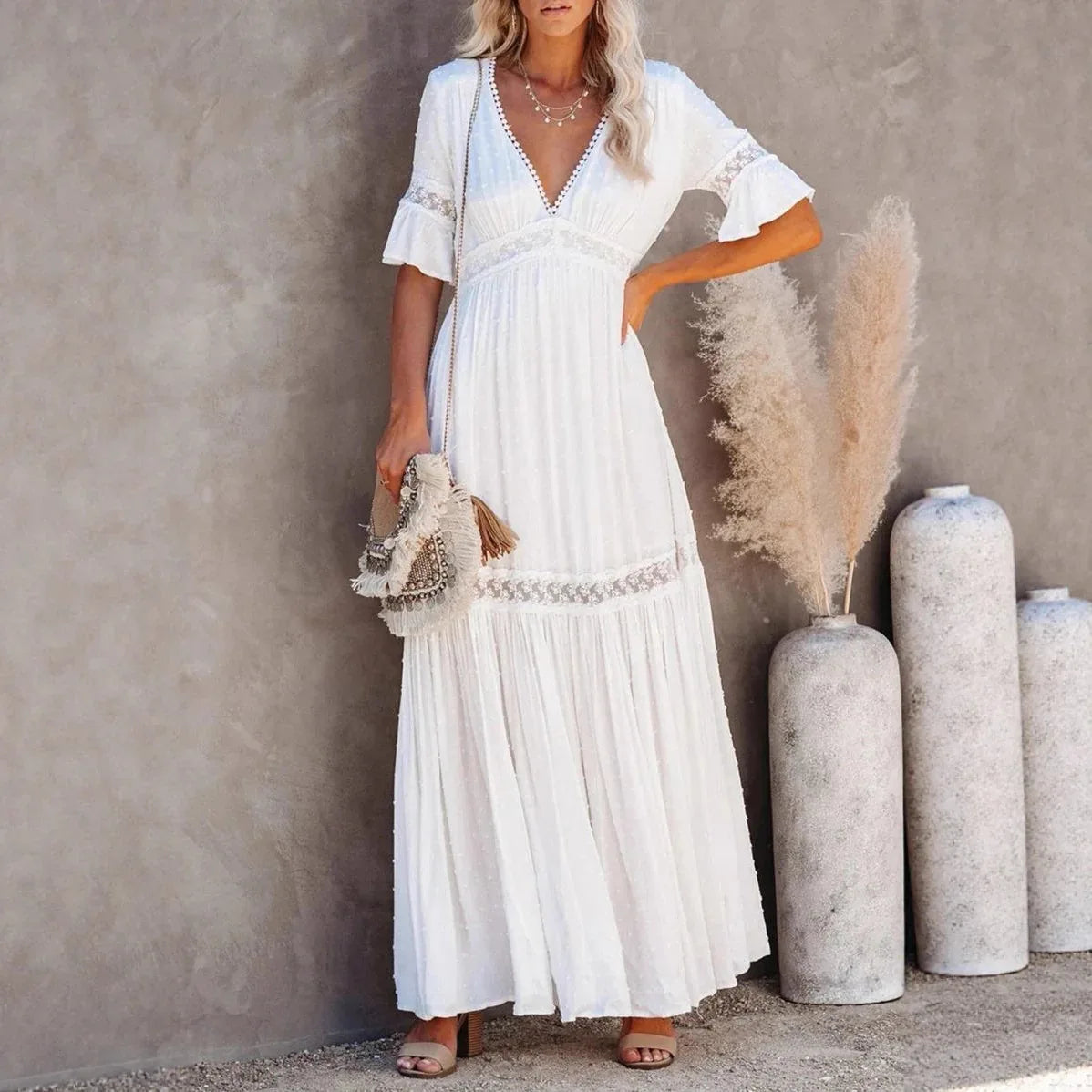 White v-neck lace trim maxi dress with short sleeves