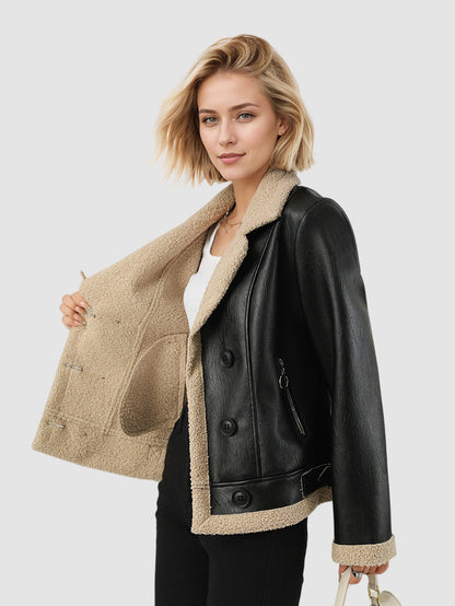 Black Faux Leather Jacket with Beige Shearling for Women