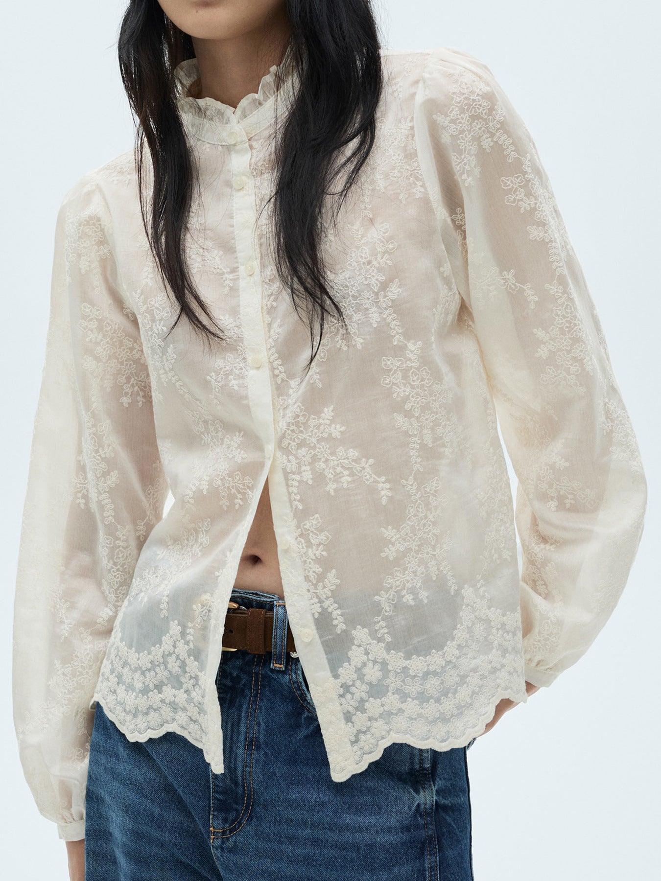Plain Lace Spliced Puff Sleeve Blouse