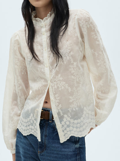 Plain Lace Spliced Puff Sleeve Blouse