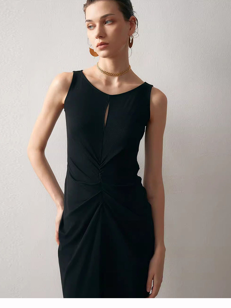 black sleeveless pleated cotton midi dress
