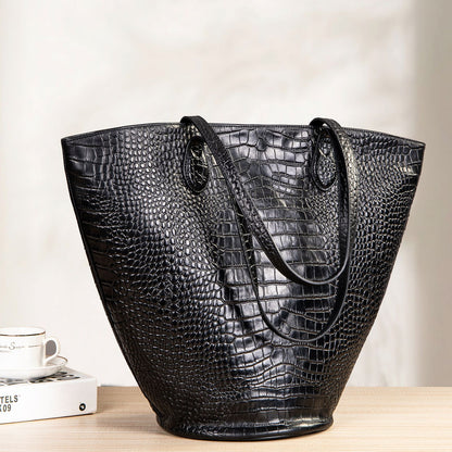 Black Leather Cylindrical Tote Shoulder Bag Crocodile Pattern